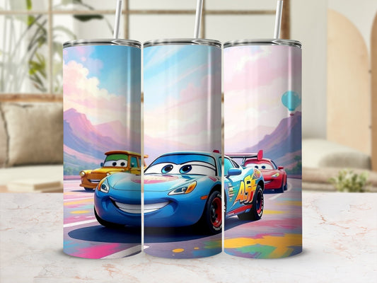 Colorful Racing Car Scene with Smiling Faces Tumbler