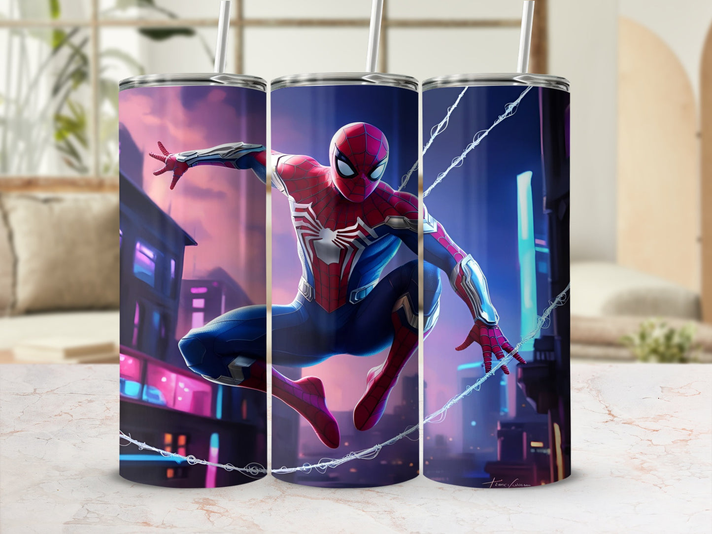 Spider-Man in dynamic pose against a neon city backdrop.