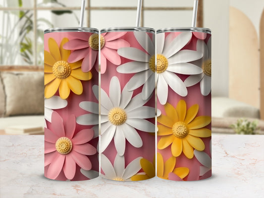 Pink, white, and yellow daisies with straws on pink background.