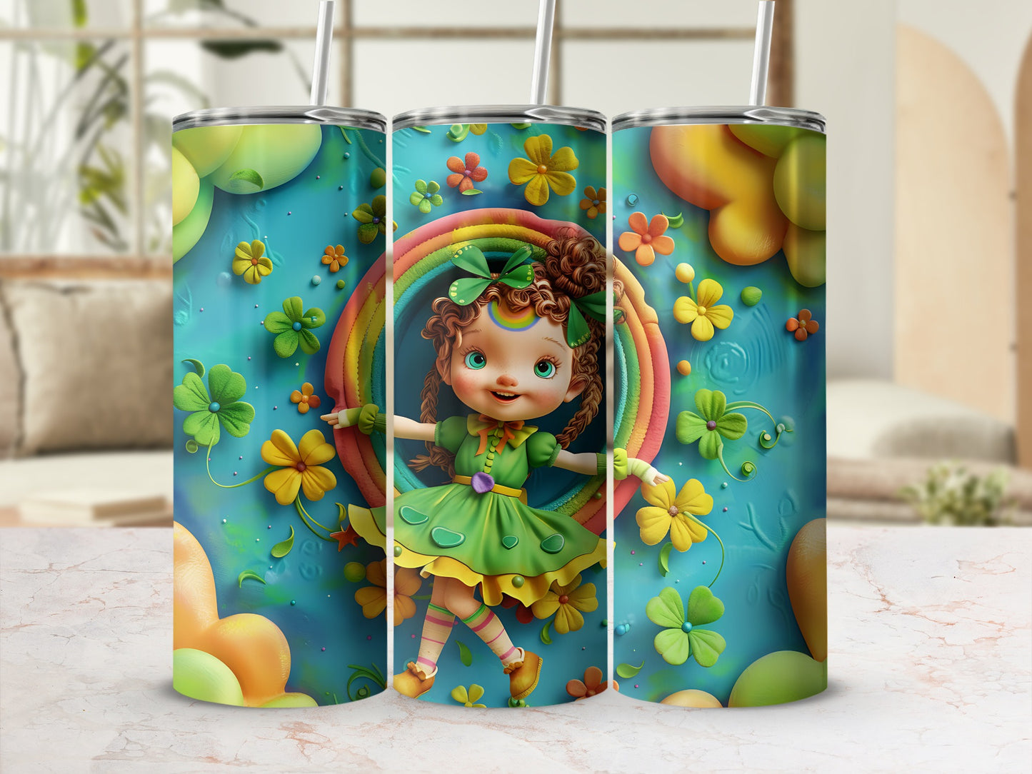 Green tumbler with rainbow, shamrocks, and cheerful cartoon girl.