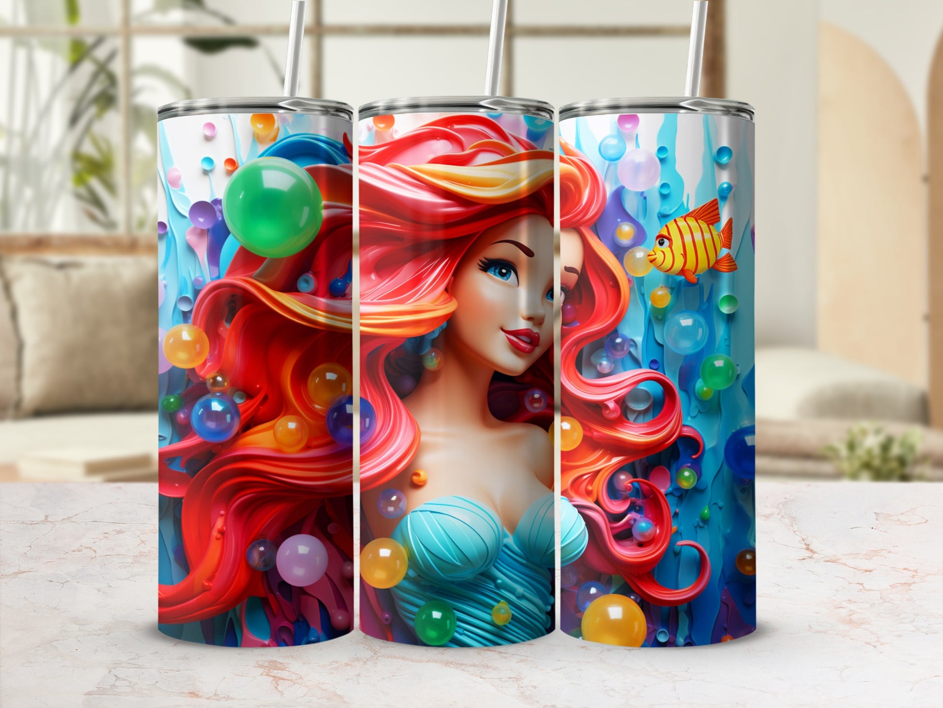 Colorful Mermaid Illustration on Tumbler Cup