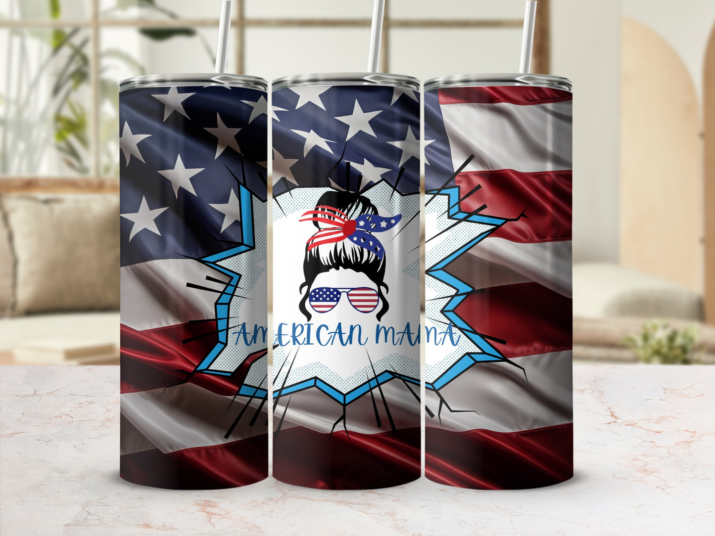 Patriotic American Mama Flag Print Tumbler Cup