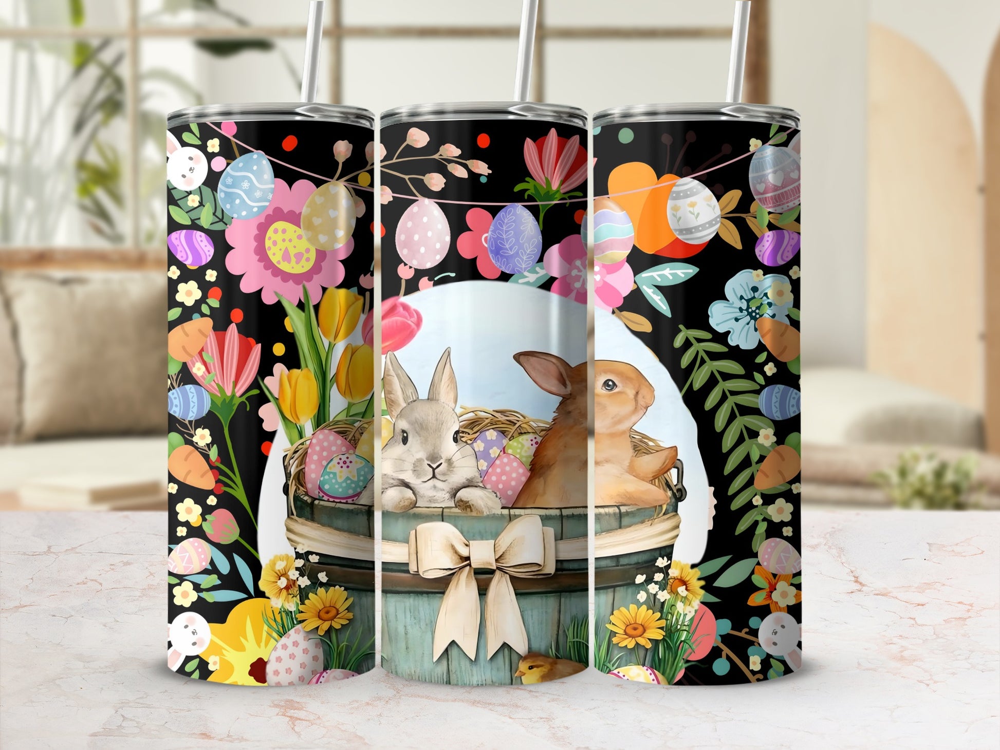 Colorful Floral Bunny and Egg Design Tumbler Cup