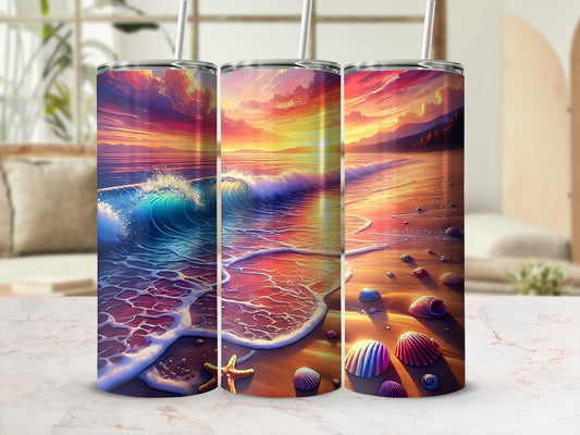 Three tall tumblers displaying a colorful sunset beach scene with waves and shells.