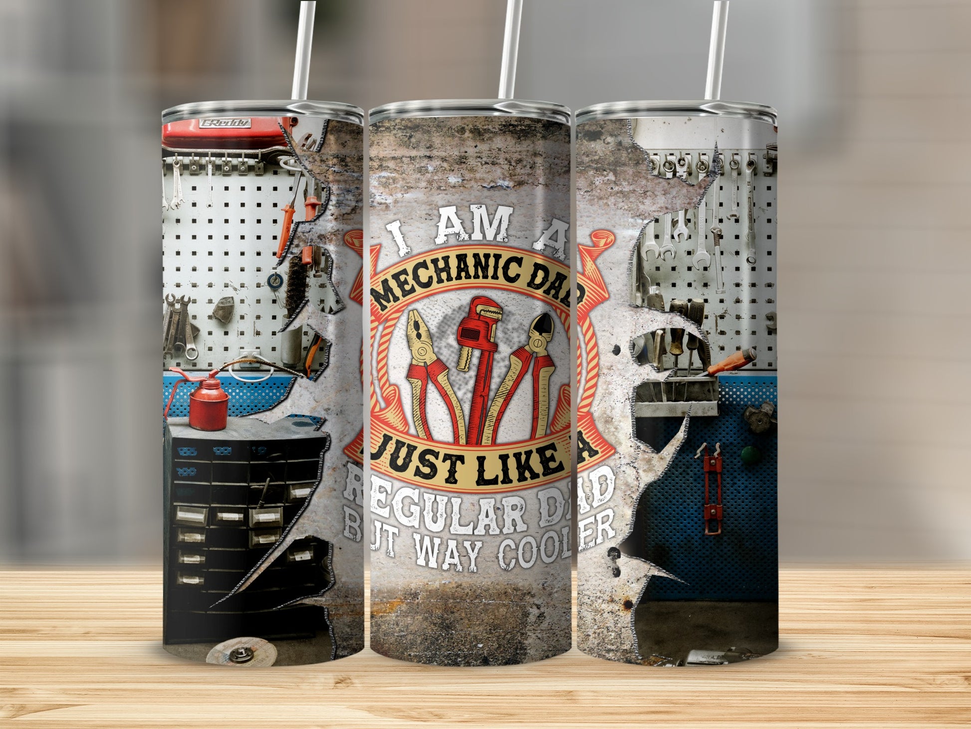 Mechanic Dad tumbler with tools, text reads "I AM A MECHANIC DAD JUST LIKE A REGULAR DAD BUT WAY COOLER".