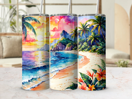 Three tumblers with tropical beach scenes, palm trees, and colorful skies.