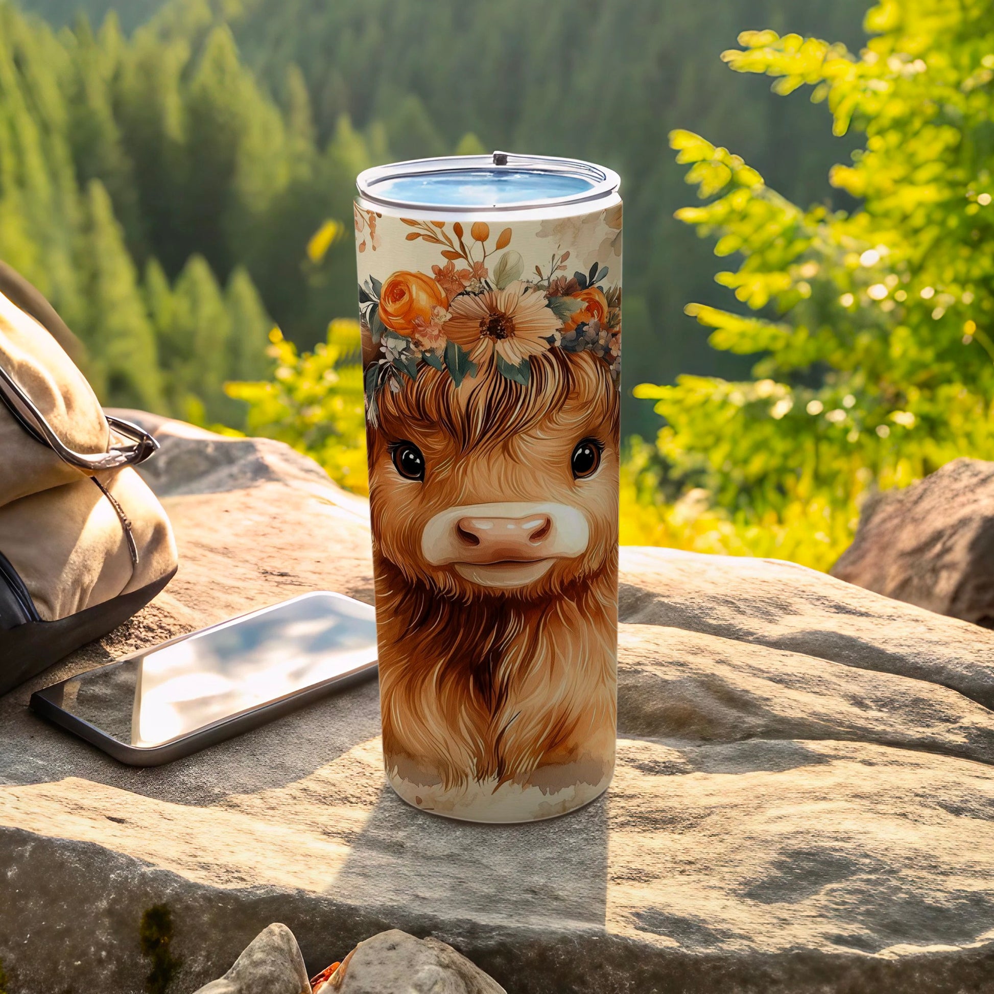 Cute Highland Cow Floral Design Tumbler for Outdoor Use