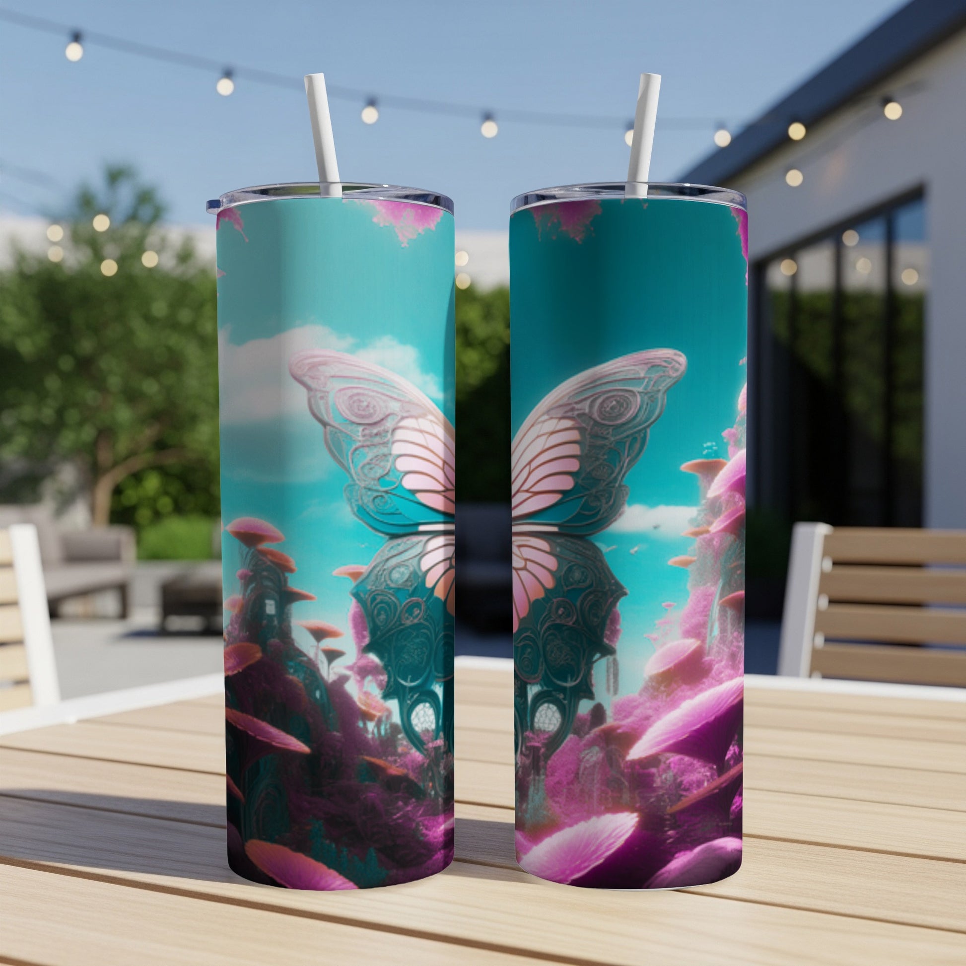 Two tumblers featuring a surreal butterfly and alien landscape design.