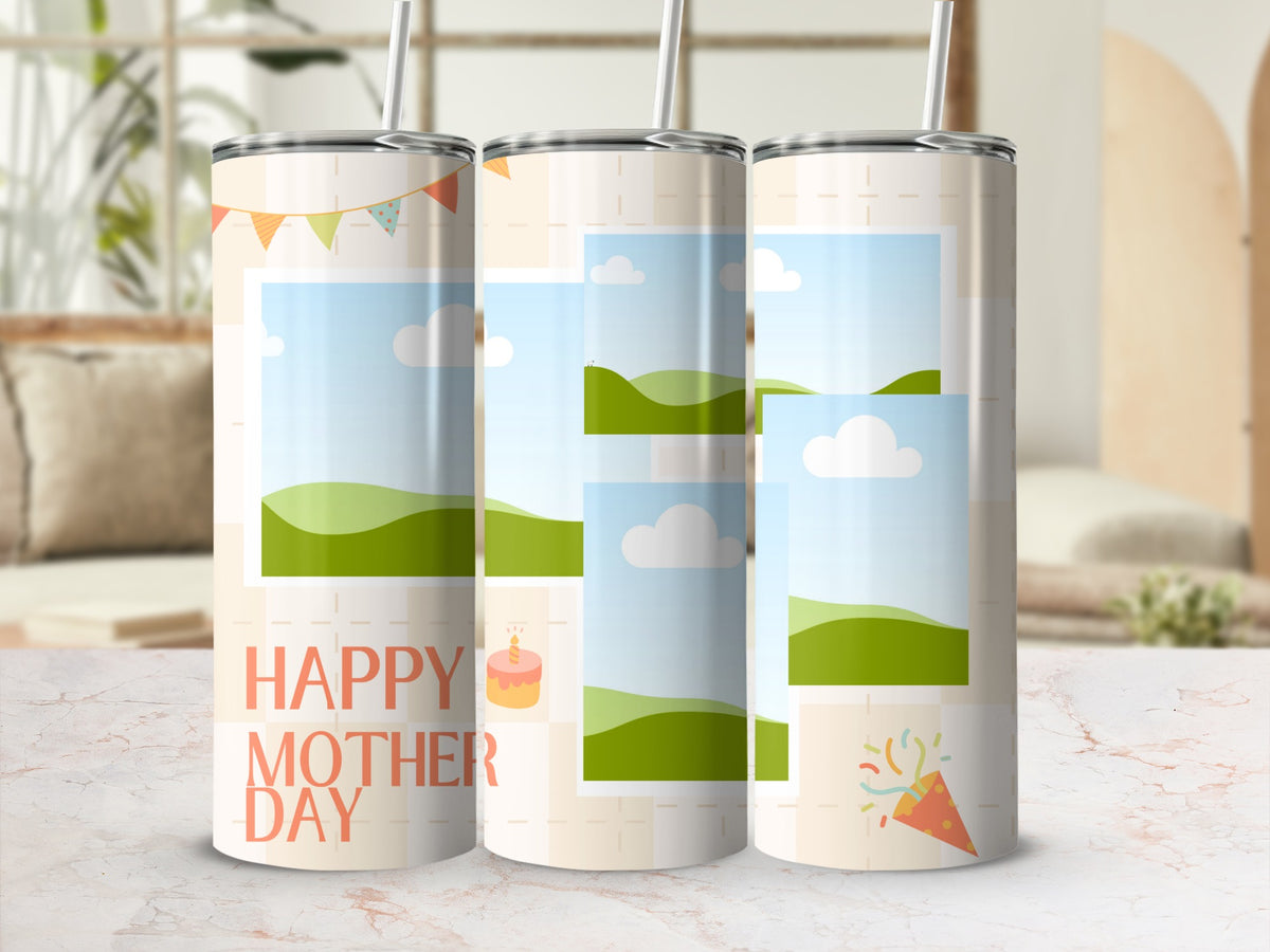 Tumblers with "Happy Mother Day" text, photo frames, and party graphics.