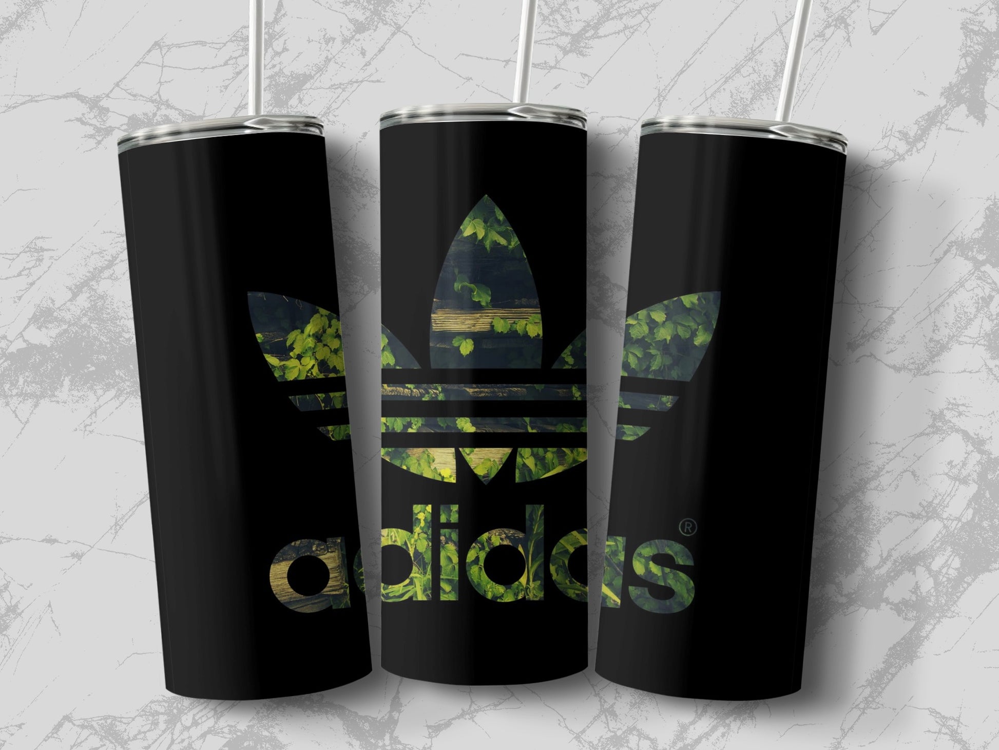 Adidas Logo Design Black Tumbler with Green Leaves