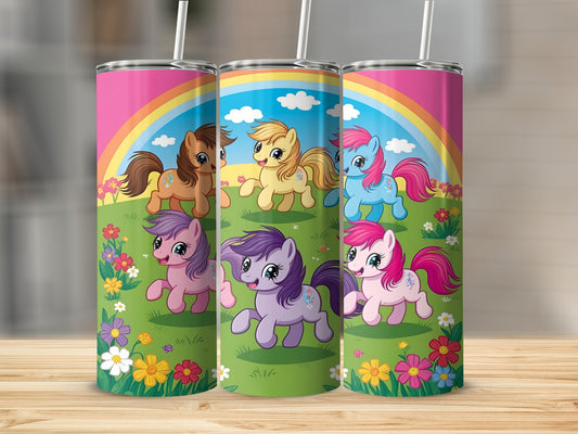 Three colorful tumblers featuring cartoon ponies and a rainbow.