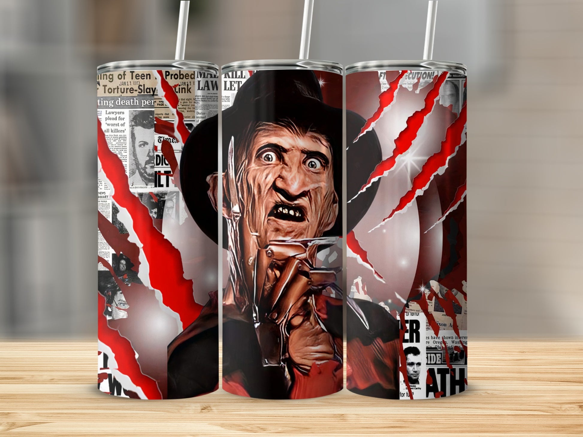 Freddy Krueger with bloody newspaper clippings and red slashes.
