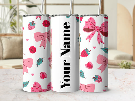 Personalized Raspberry Bow Pattern Tumbler with Straw
