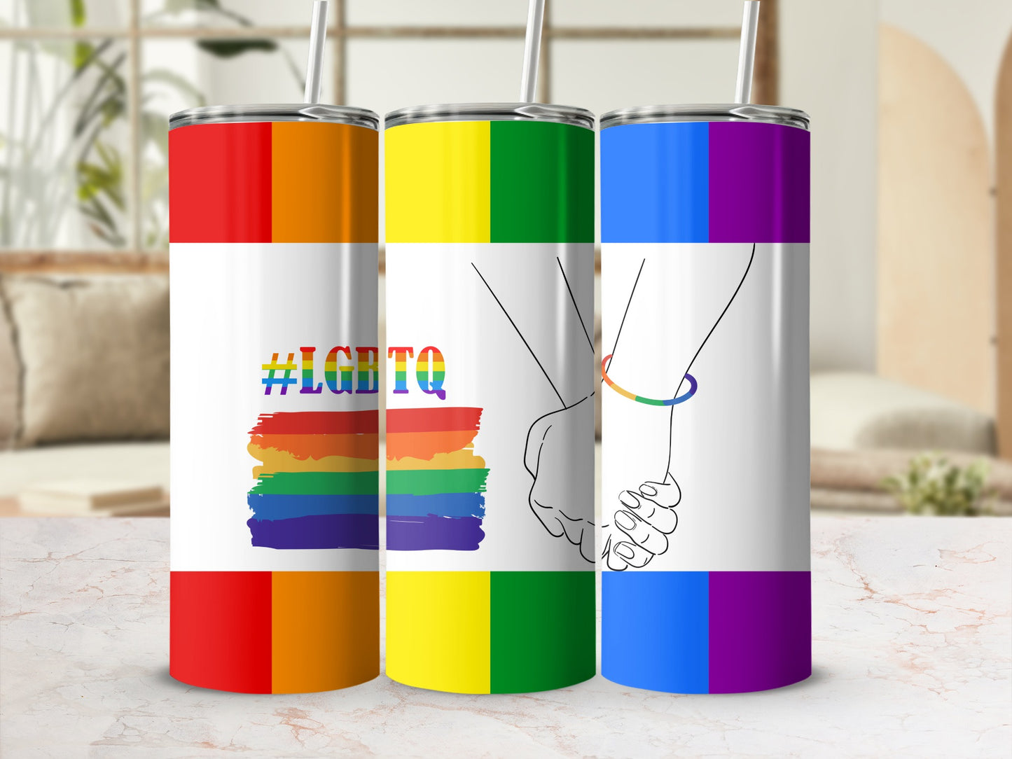 Rainbow tumbler with LGBTQ hashtag and intertwined hands design.