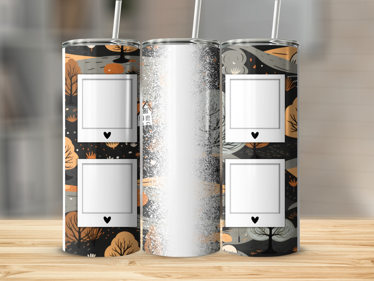 Three tumblers with a woodland scene and photo frames.
