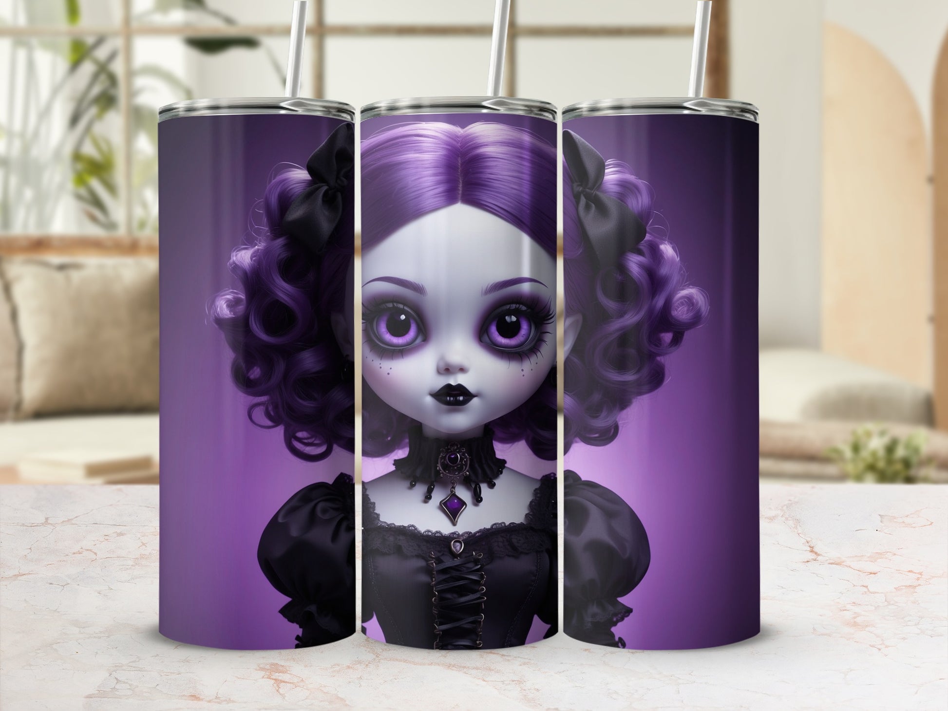 Gothic doll tumbler with purple hair and dark clothing.