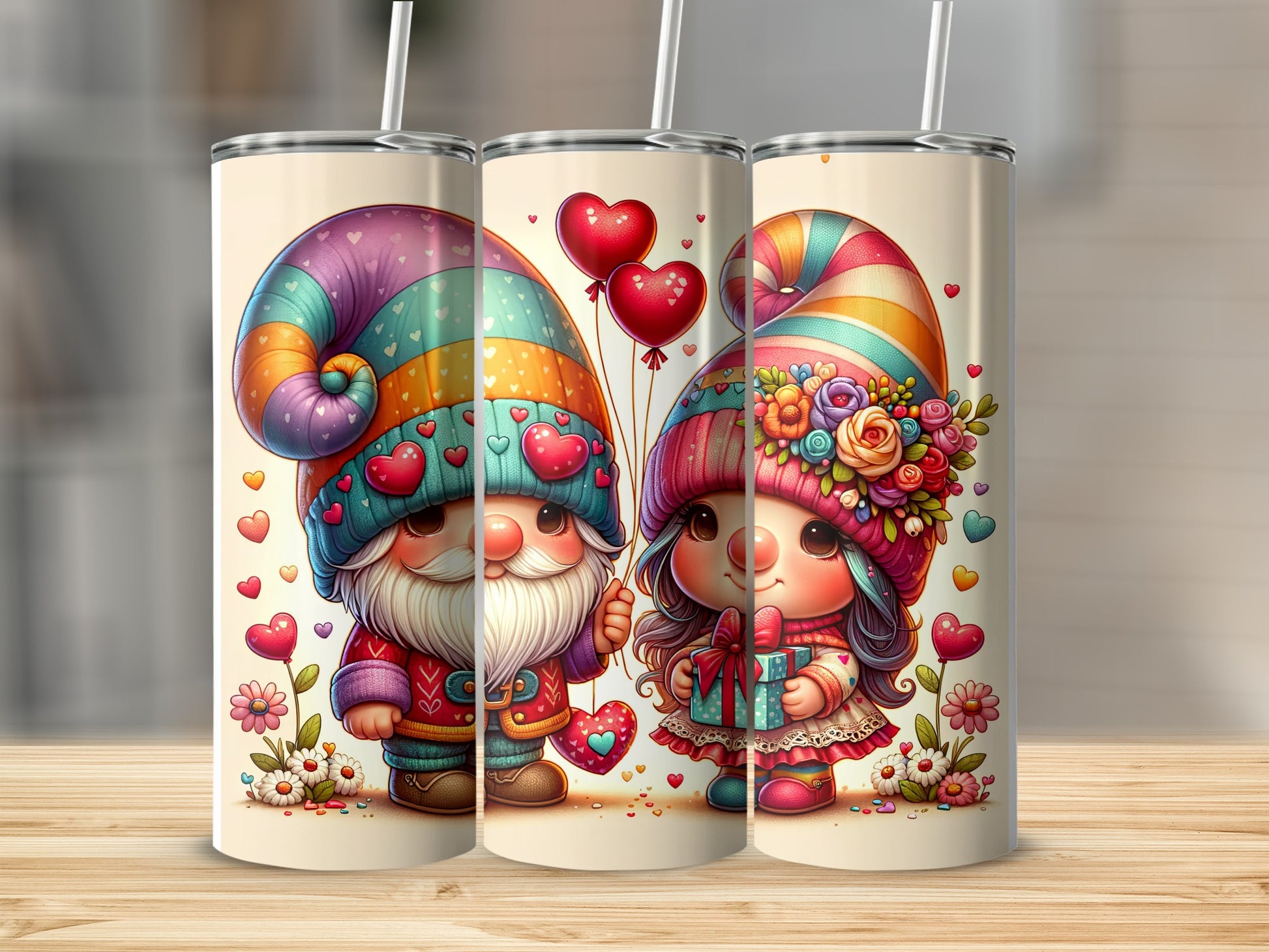 Two gnomes, one holding balloons, the other a gift, with heart and flower decorations.