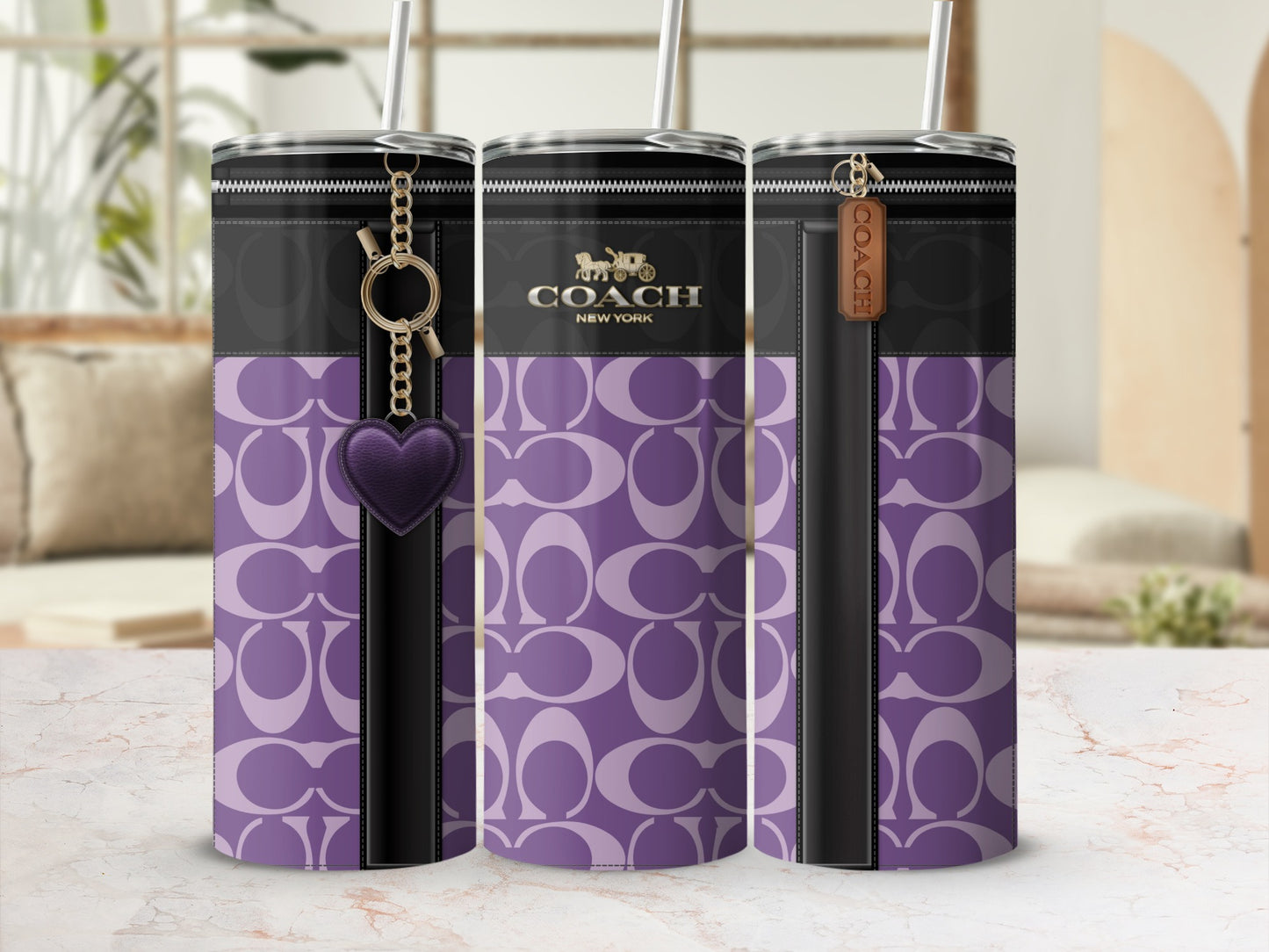 Purple and Black Coach Tumbler with Heart Charm Design