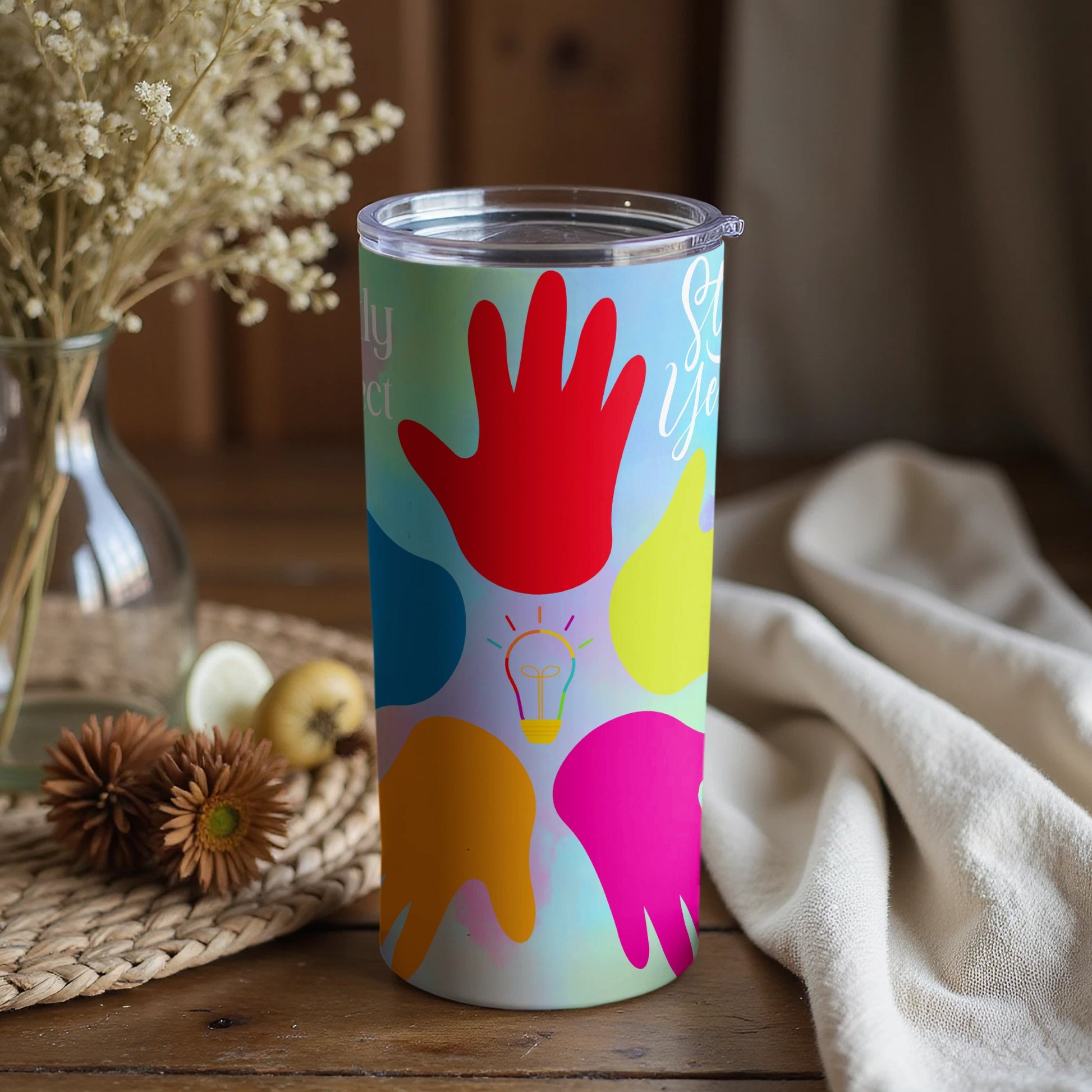 Light Bulb and Hands Colorful Drink Tumbler