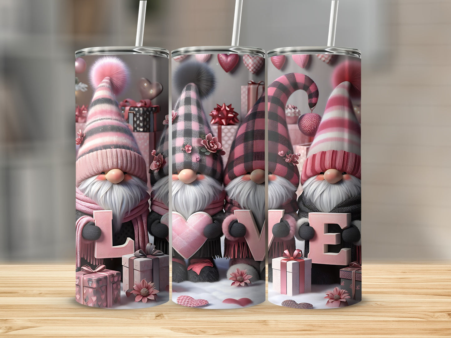 Four pink gnomes holding pink letters spelling "LOVE" with gifts.