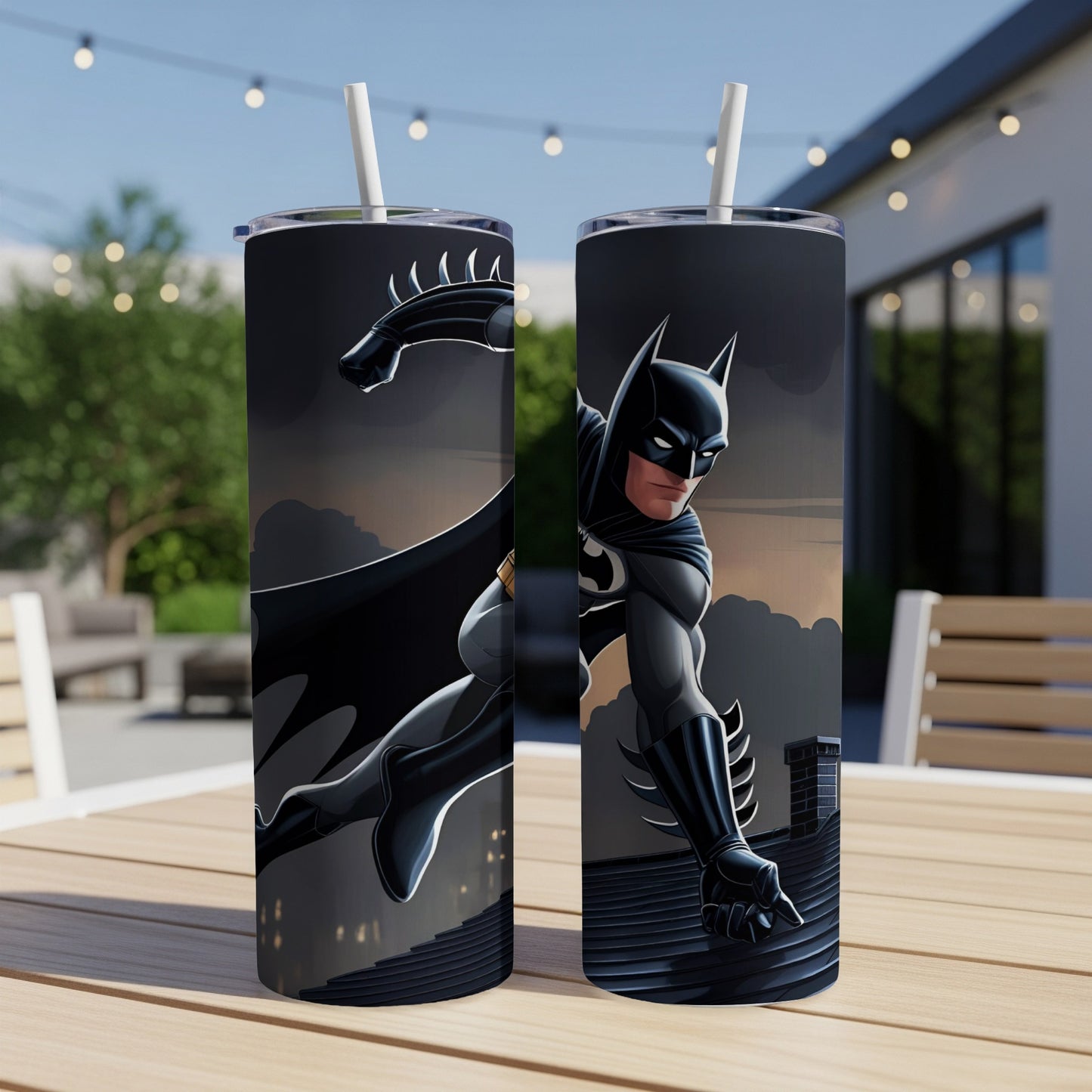 Batman tumbler with straw, DC Comics superhero art.