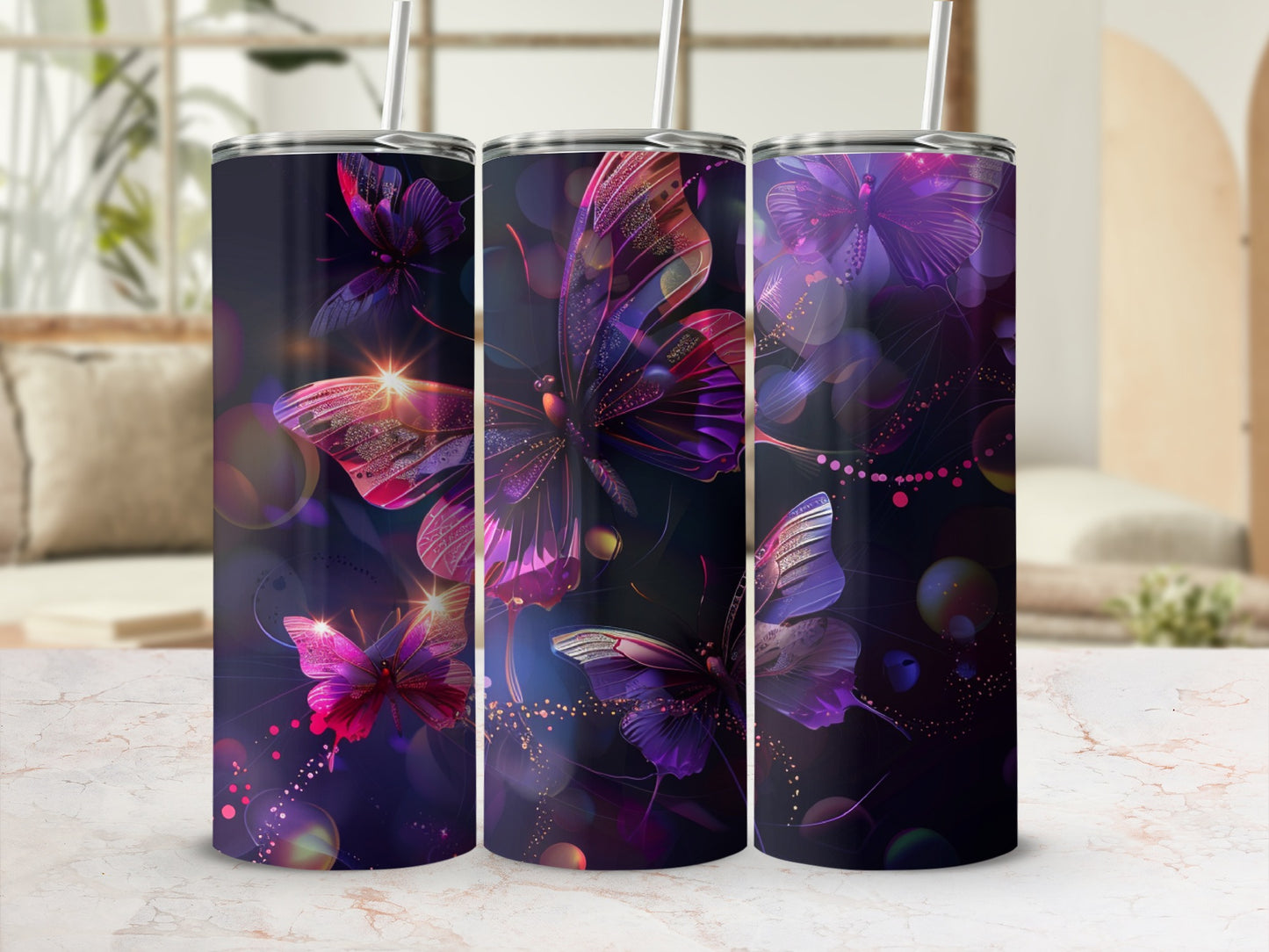 Three tumblers with shimmering purple and pink butterflies and glitter.
