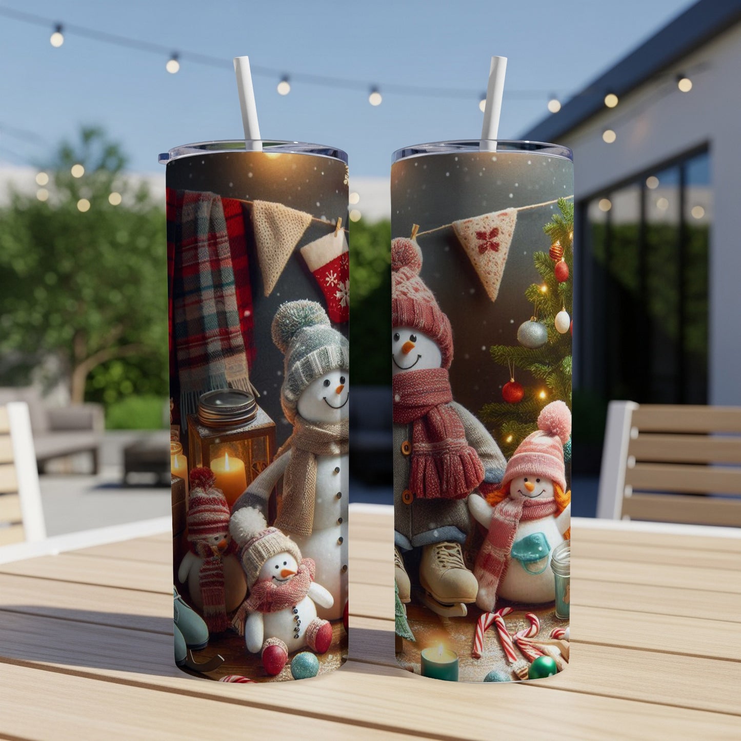 Two snowmen with festive scarves and hats, Christmas tree, candy canes.
