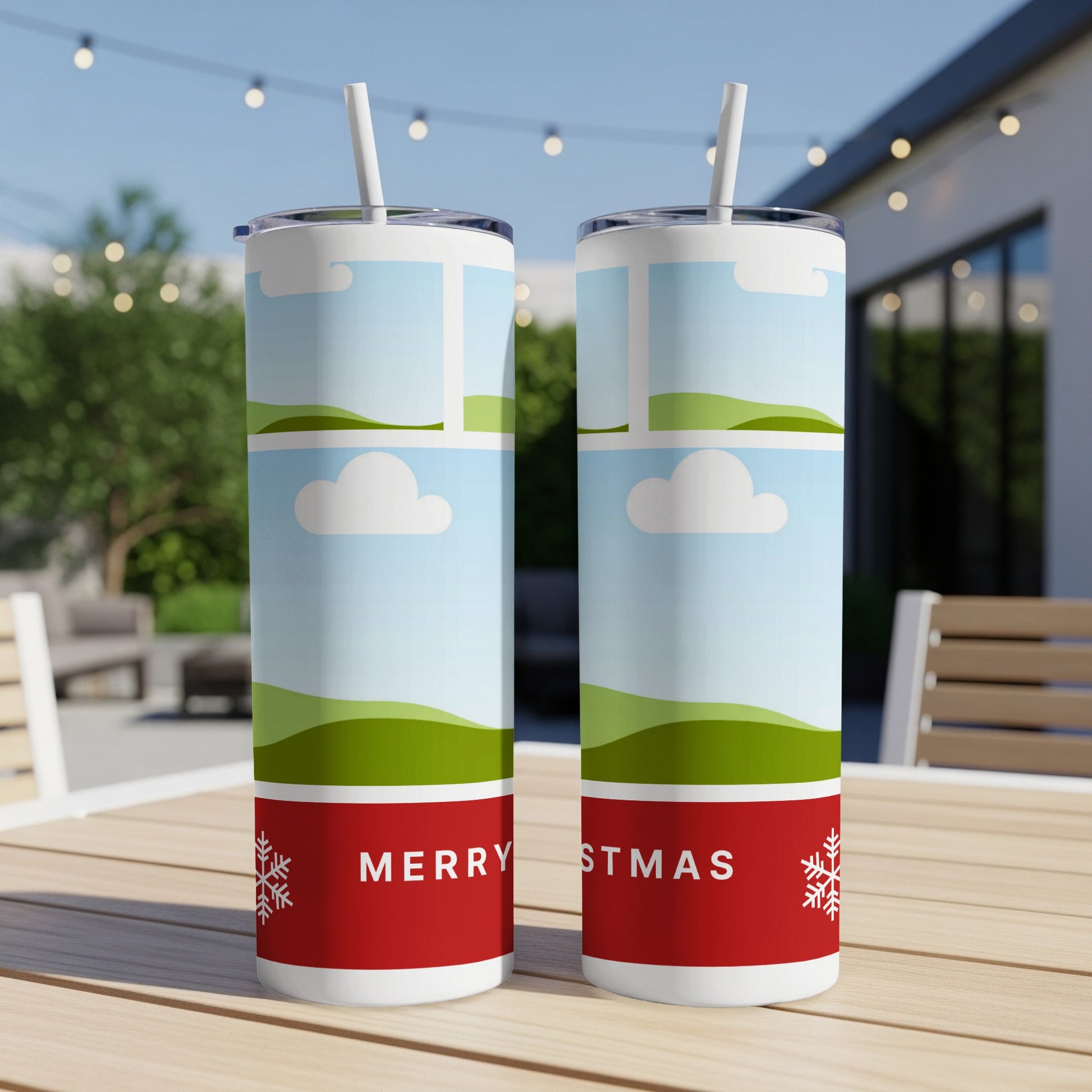 Two tumblers with "Merry Christmas" text and snowflake graphics on a red band.