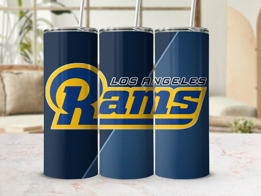 Three Los Angeles Rams tumblers with straws, featuring team logo and colors.