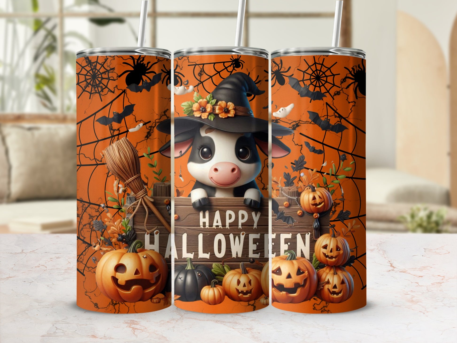 Cute Cow Halloween Tumbler with Pumpkins and Spider Webs
