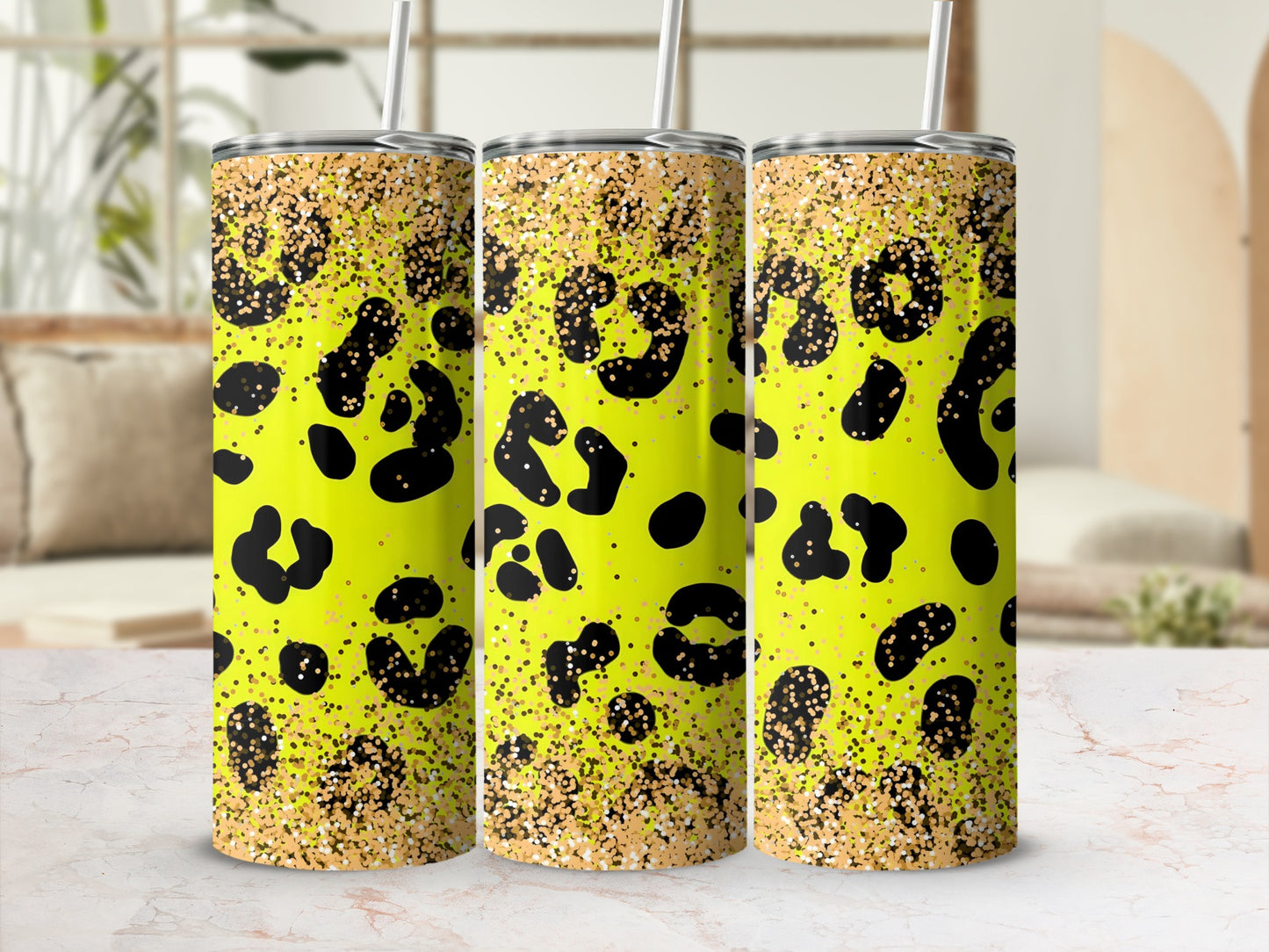 Neon Leopard Print with Glitter Drink Tumbler