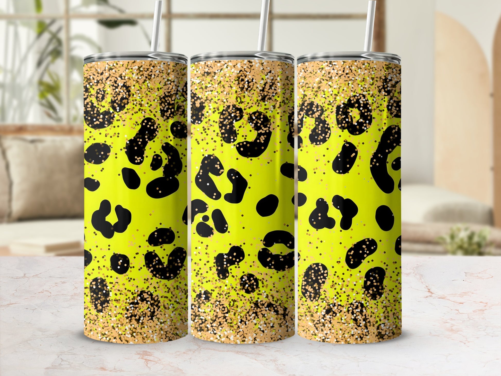 Neon Leopard Print with Glitter Drink Tumbler