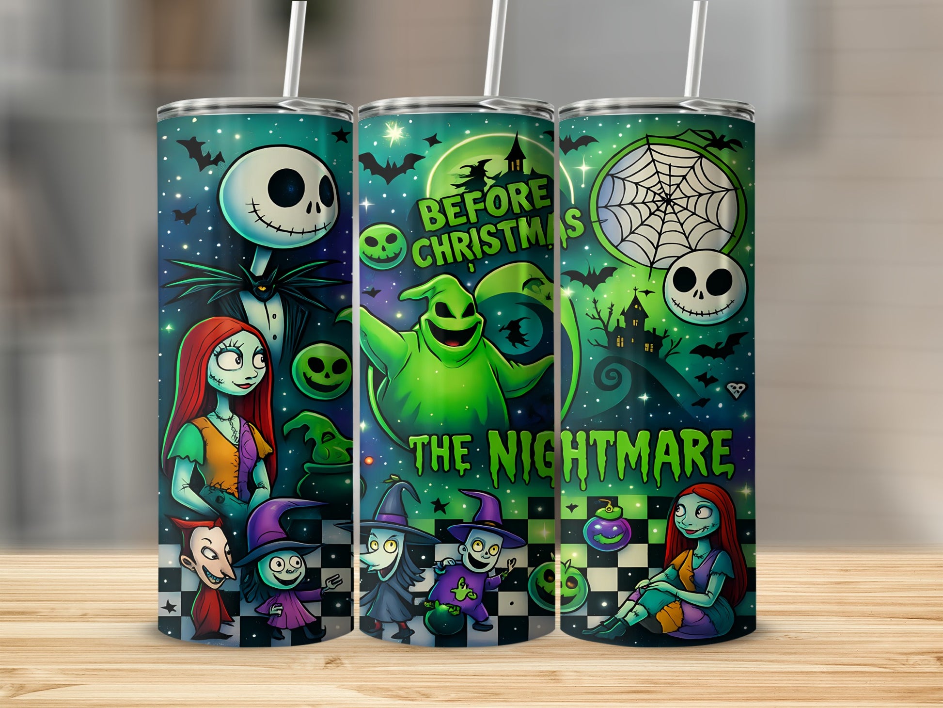 The Nightmare Before Christmas characters on a teal, starry tumbler.