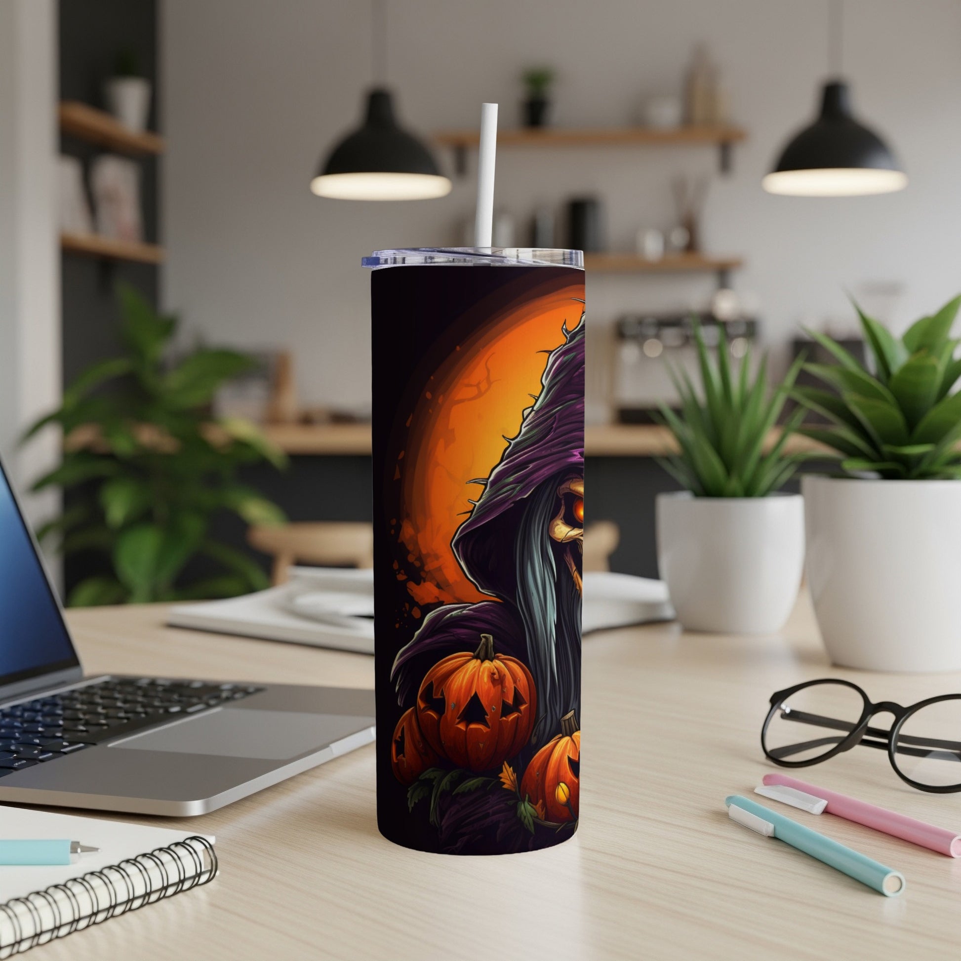 Tumbler with Grim Reaper and jack-o'-lanterns Halloween design.