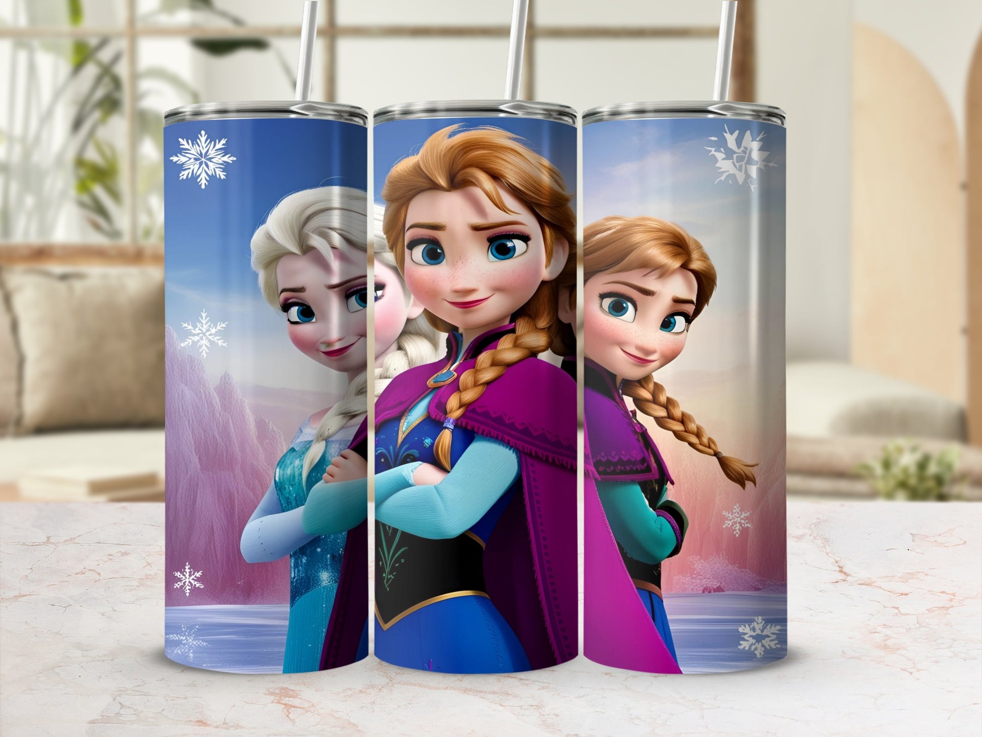 Three tumblers featuring Elsa and Anna from Frozen against a snowy, mountainous background.