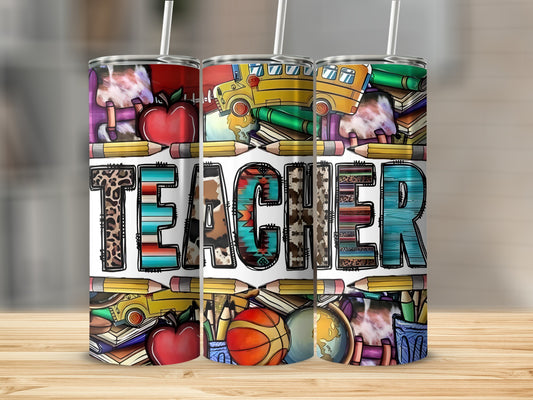Teacher tumbler with school supplies, apples, globe, and basketball designs.