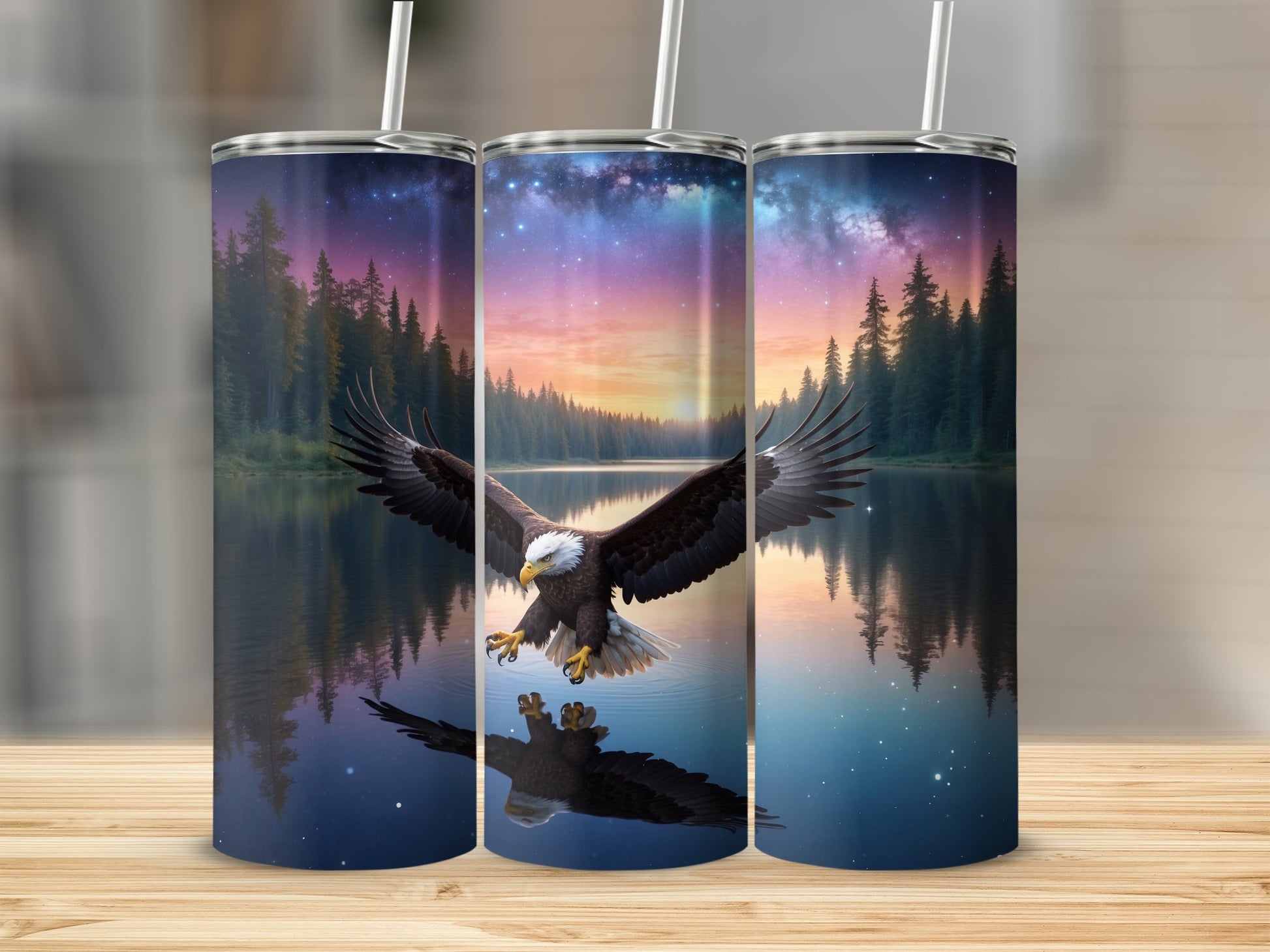 Bald eagle soaring over a lake at sunset, reflected in water.