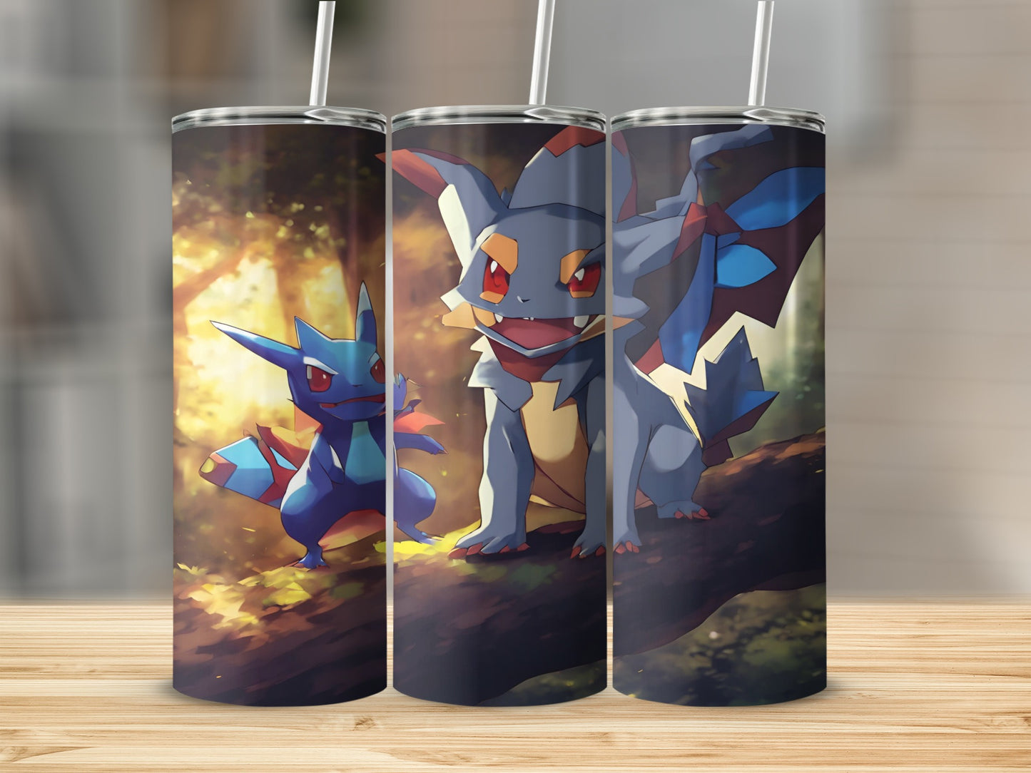 Three Pokémon characters, two in blue and red and one larger in gray and red, on a tree branch.