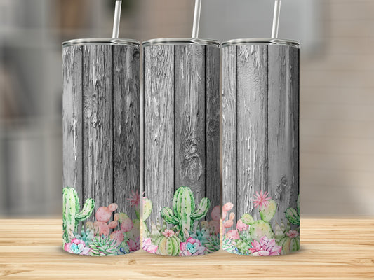 Three tumblers with a wood grain design and succulent accents.