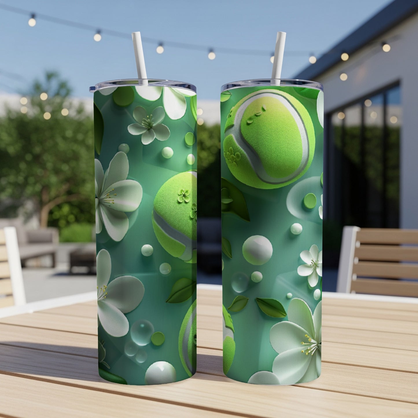 Green tumblers with tennis balls and floral pattern.