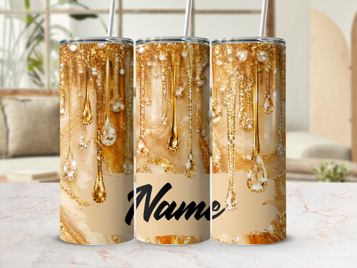 Three tumblers with a gold glitter drip and gemstone design, featuring the word "Name".