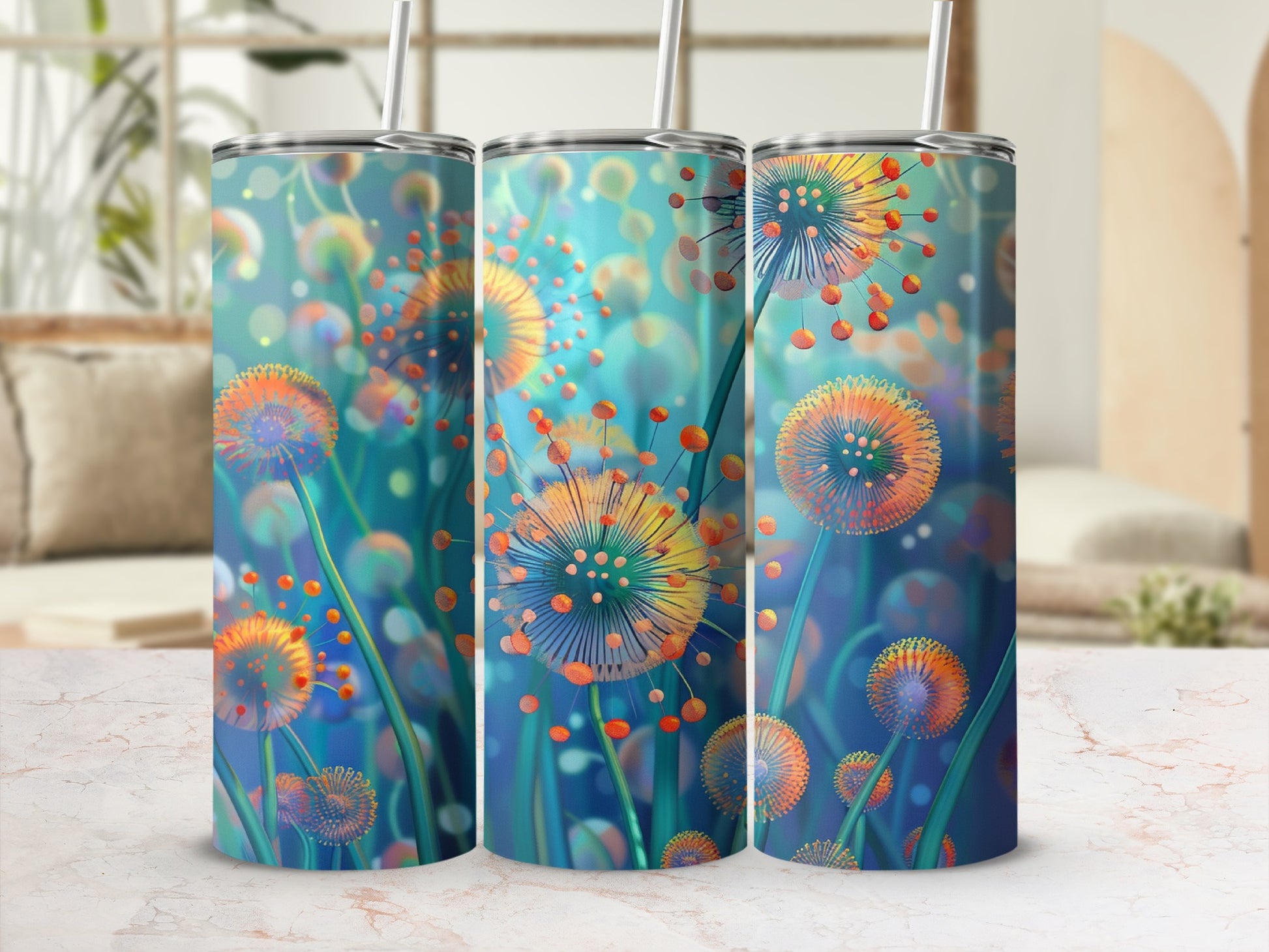 Three tumblers featuring a blue and orange dandelion design on a blurred background.