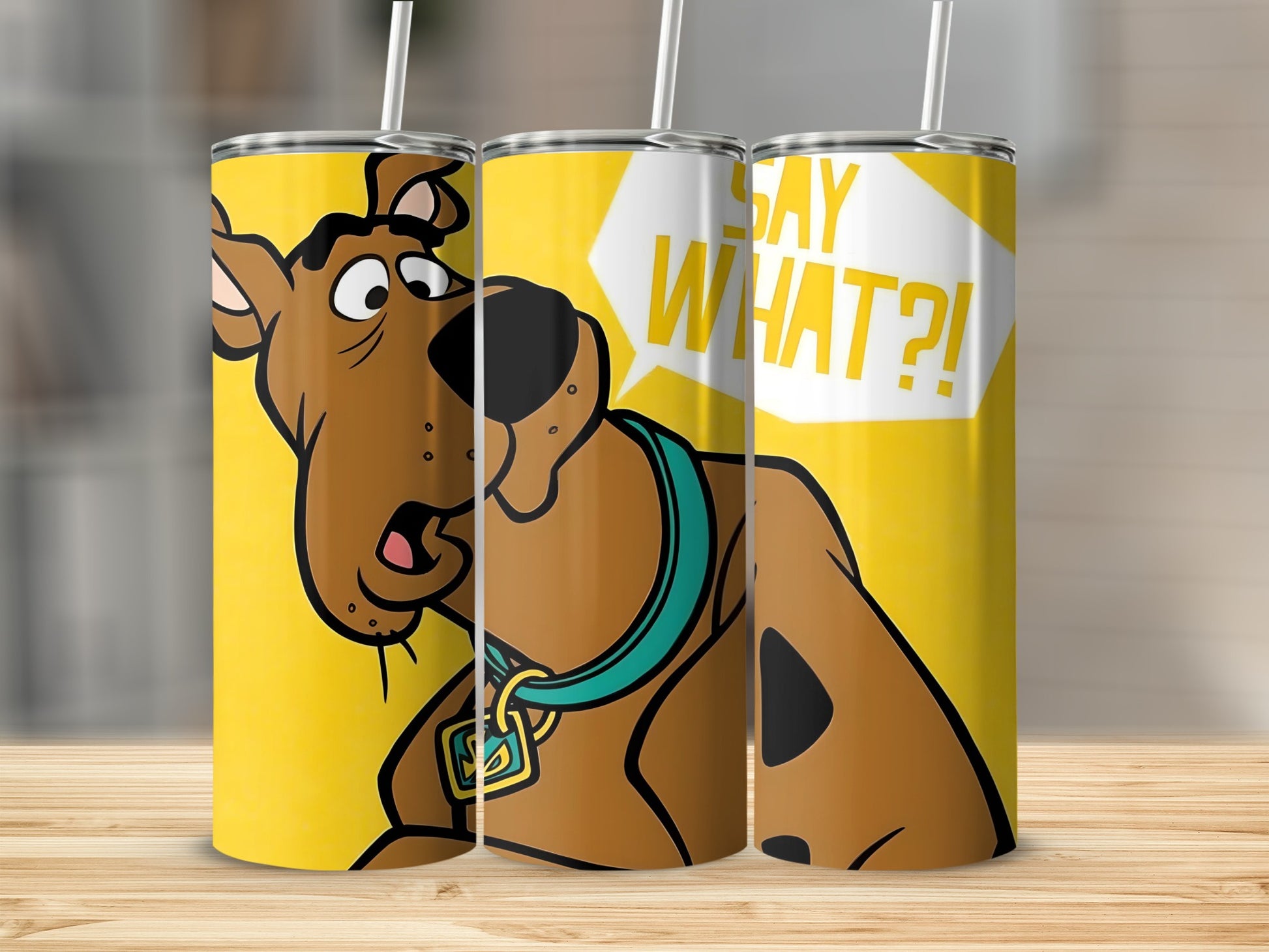 Scooby-Doo tumbler with "SAY WHAT?!" speech bubble.