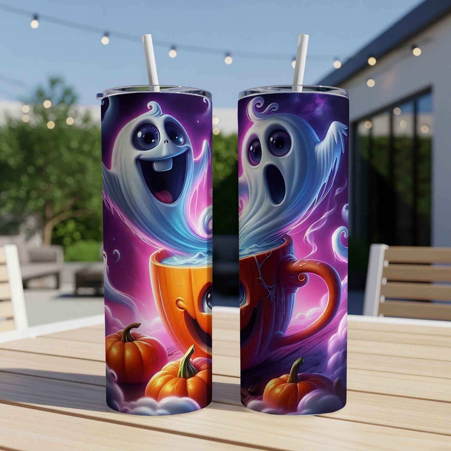 Two tumblers with ghost and jack-o'-lantern Halloween designs on a table.