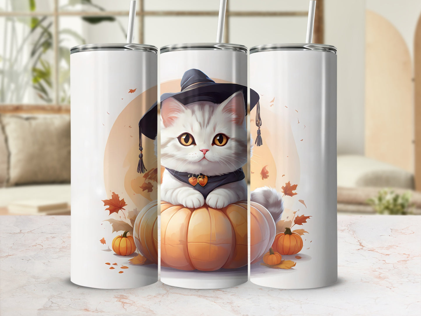 Cute Halloween cat wearing a witch hat sitting on a pumpkin.