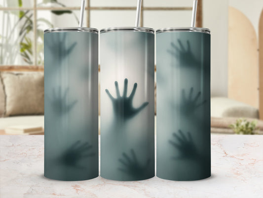 Three tumblers with frosted glass design featuring silhouetted hands.