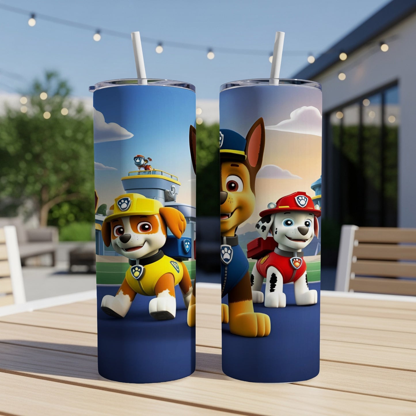 Chase and Marshall from Paw Patrol on blue background, two tumblers.