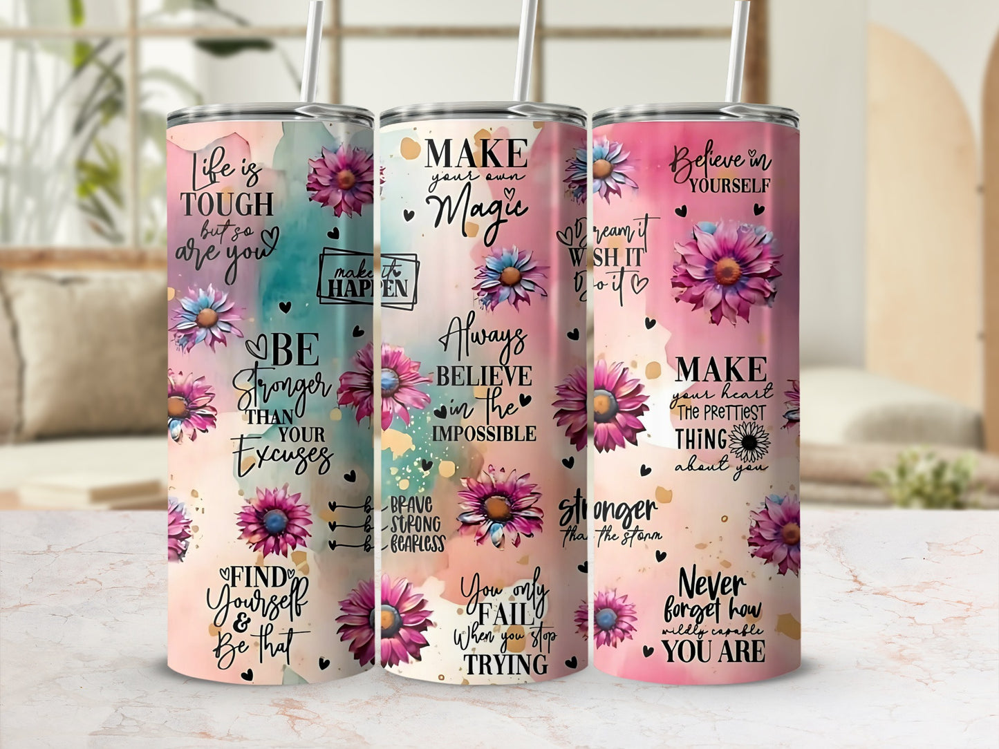 Motivational Floral Tumbler with Inspirational Quotes