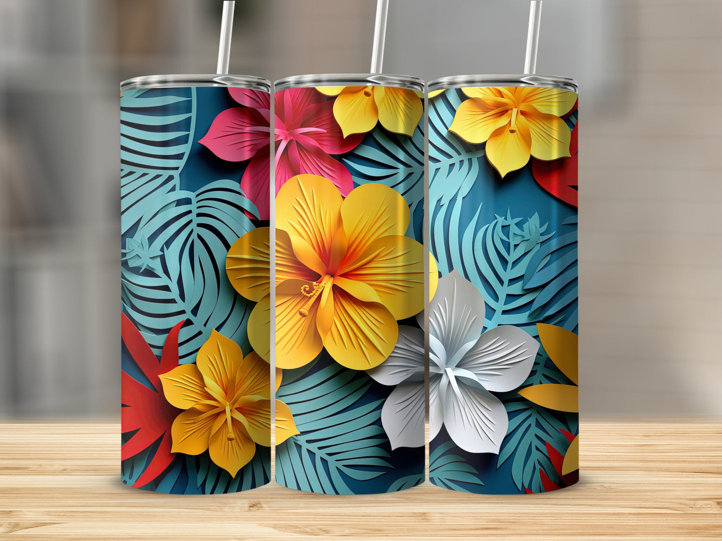 Tropical Floral Print Insulated Tumbler with Straw
