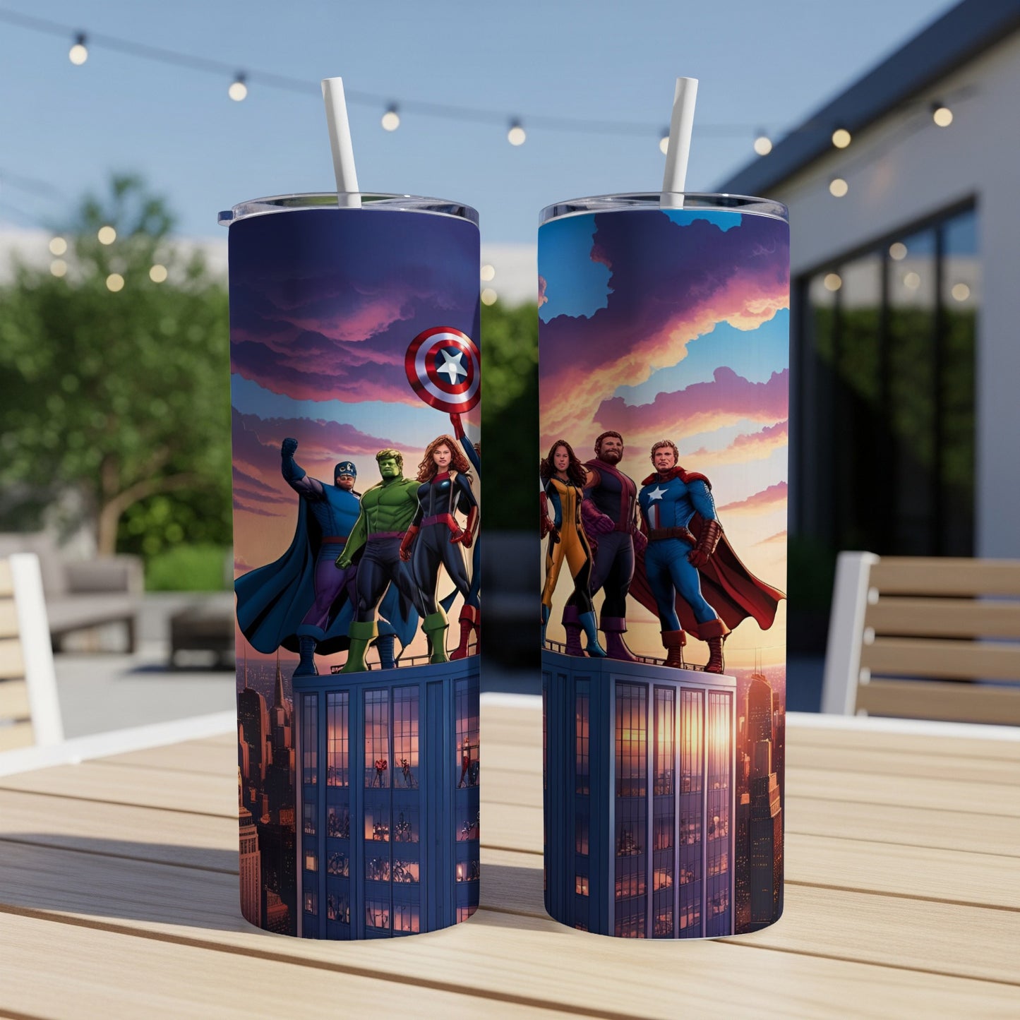 Avengers superheroes standing atop a city skyline at sunset.